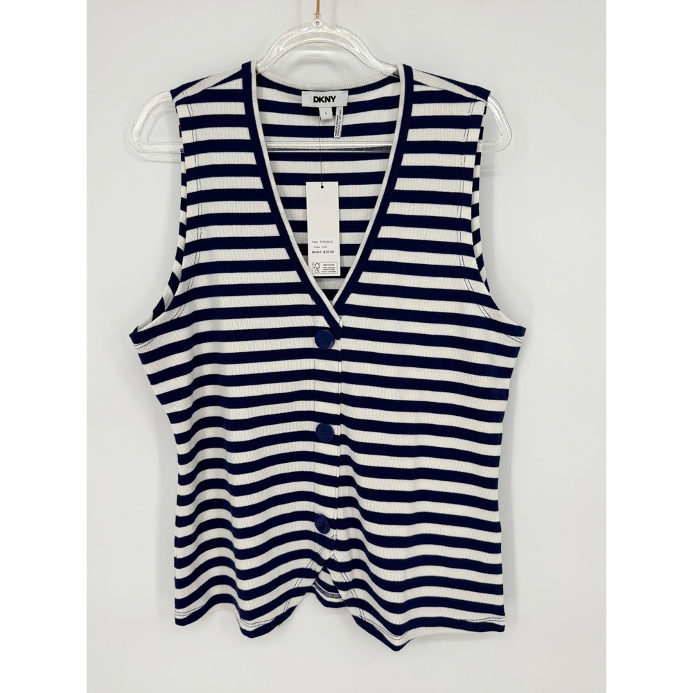 DKNY Womens Navy White‎ Striped Ribbed Button Front Sleeveless Top Vest  L